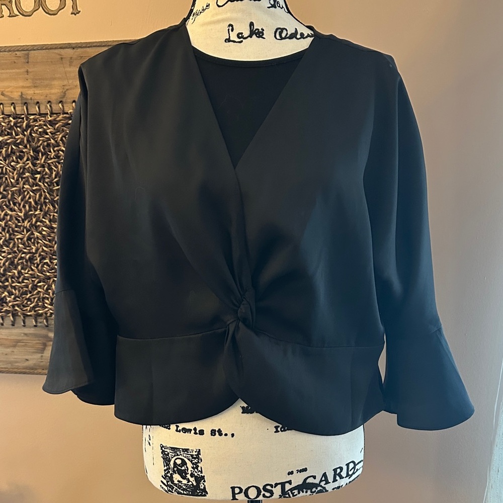Express Black V Neck Knot Front Satin Feel Blouse PTP 22"